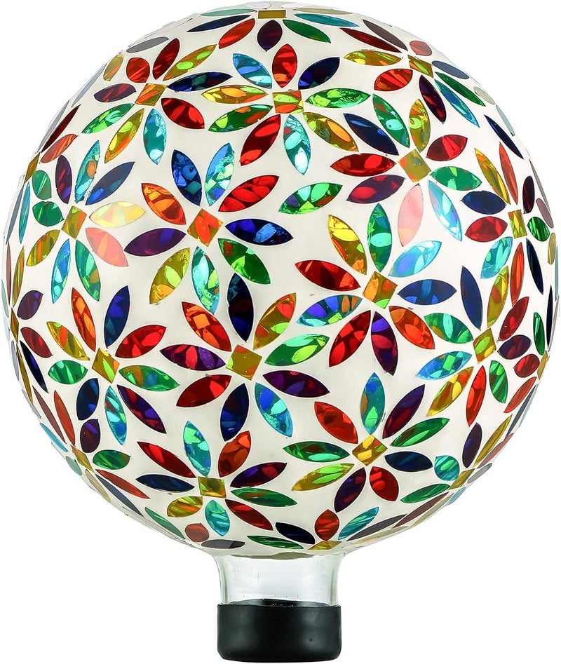VOREEN Mosaic Glass Gazing Ball, Handmade Reflective Garden Globe for Outdoor Patio Lawn Yard Decor, 10" Multi-Colored Flower Pattern, Festive Decoration for Holiday Atmosphere - Image 1